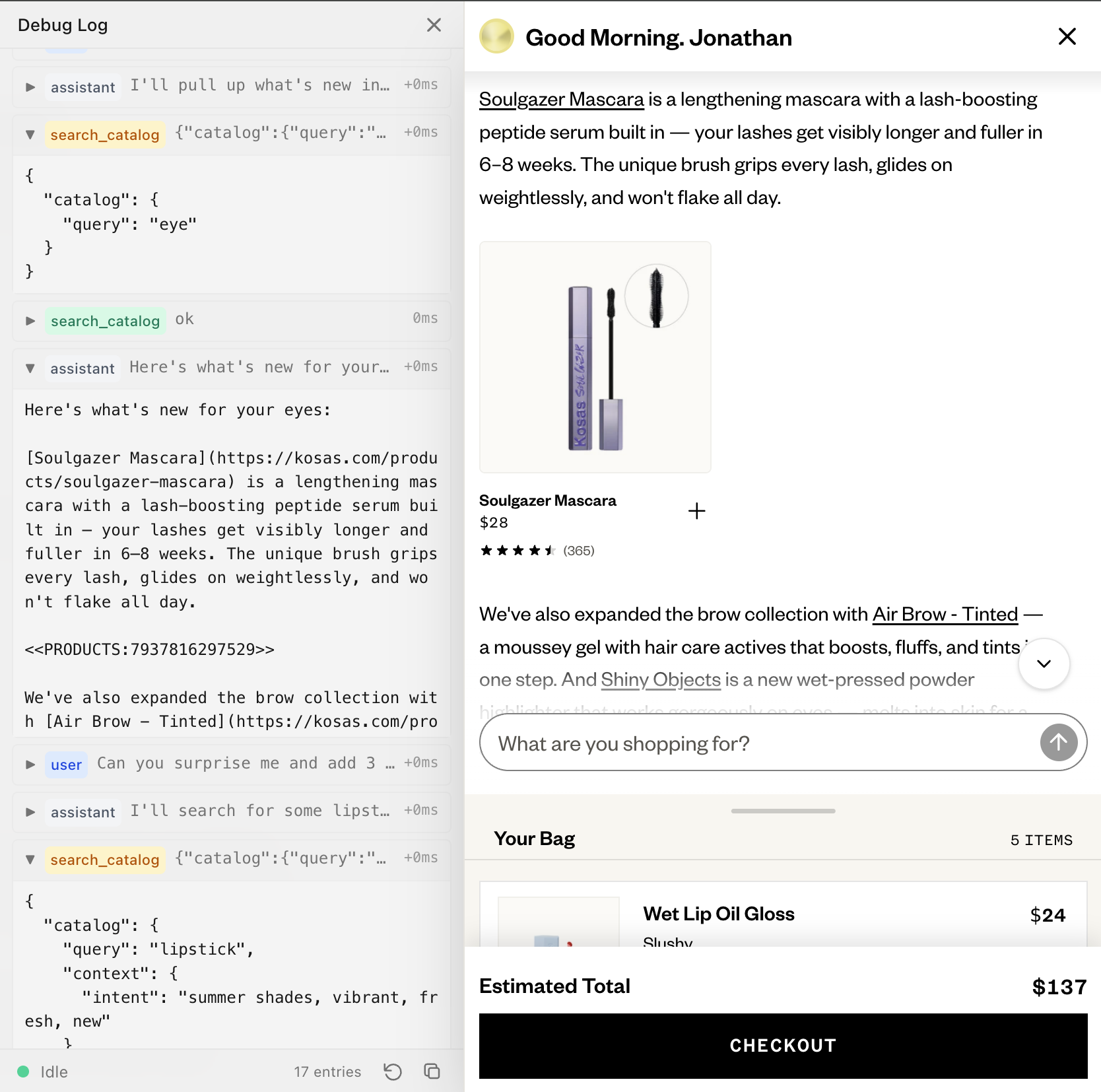 Scout cart drawer with a product card streaming inline mid-response from the assistant